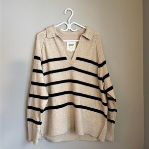 Aerie V-Neck Sweater in Cream and Black Stripes
